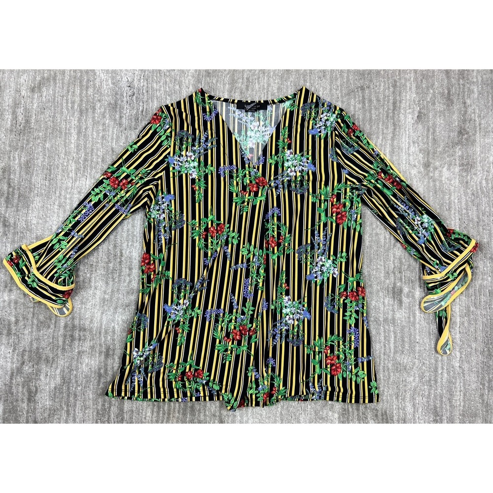 Liz McCoy Womens Blouse Medium Green Floral‎ Stretch V-Neck 3/4 Sleeve